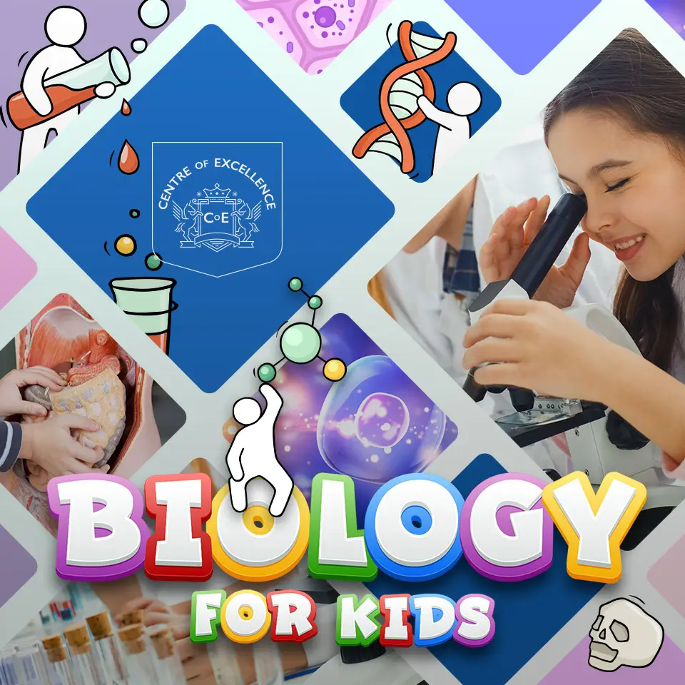 Collage of children studying biology