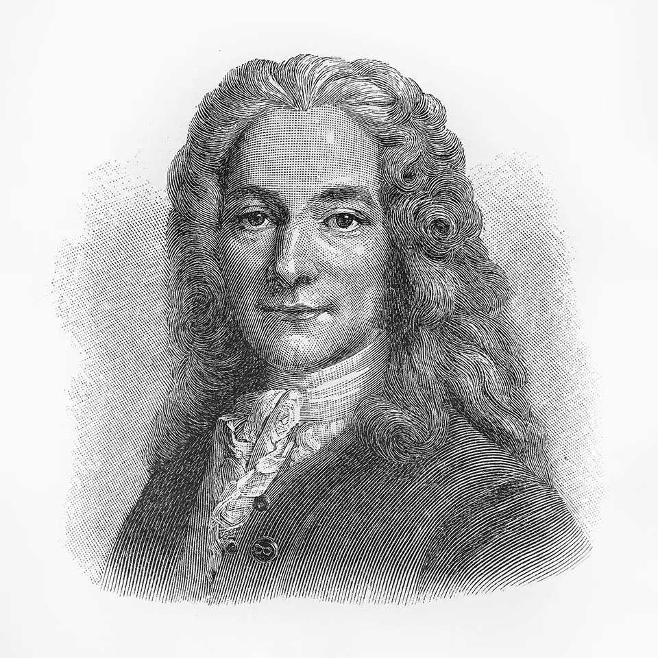 A black-and-white illustration of Francois Marie Voltaire – an important contributor to the 18th-century European enlightenment