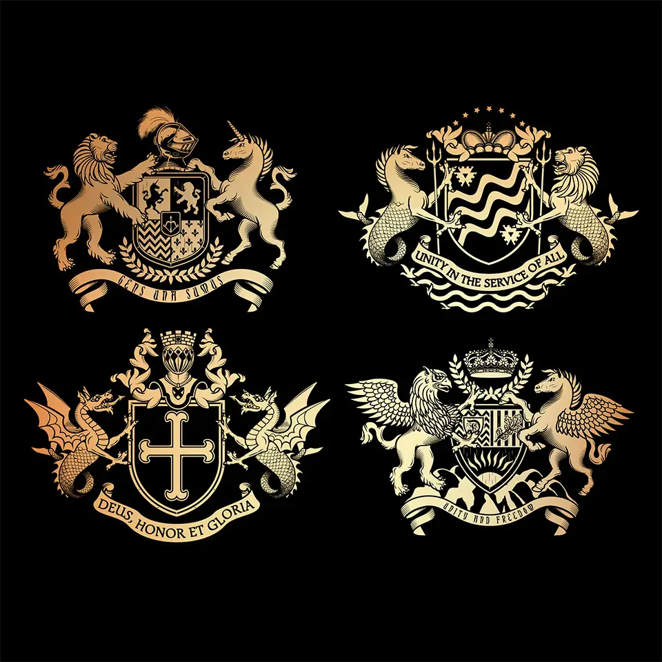 Heraldic design of a shield, crown, different beasts and knight helmet