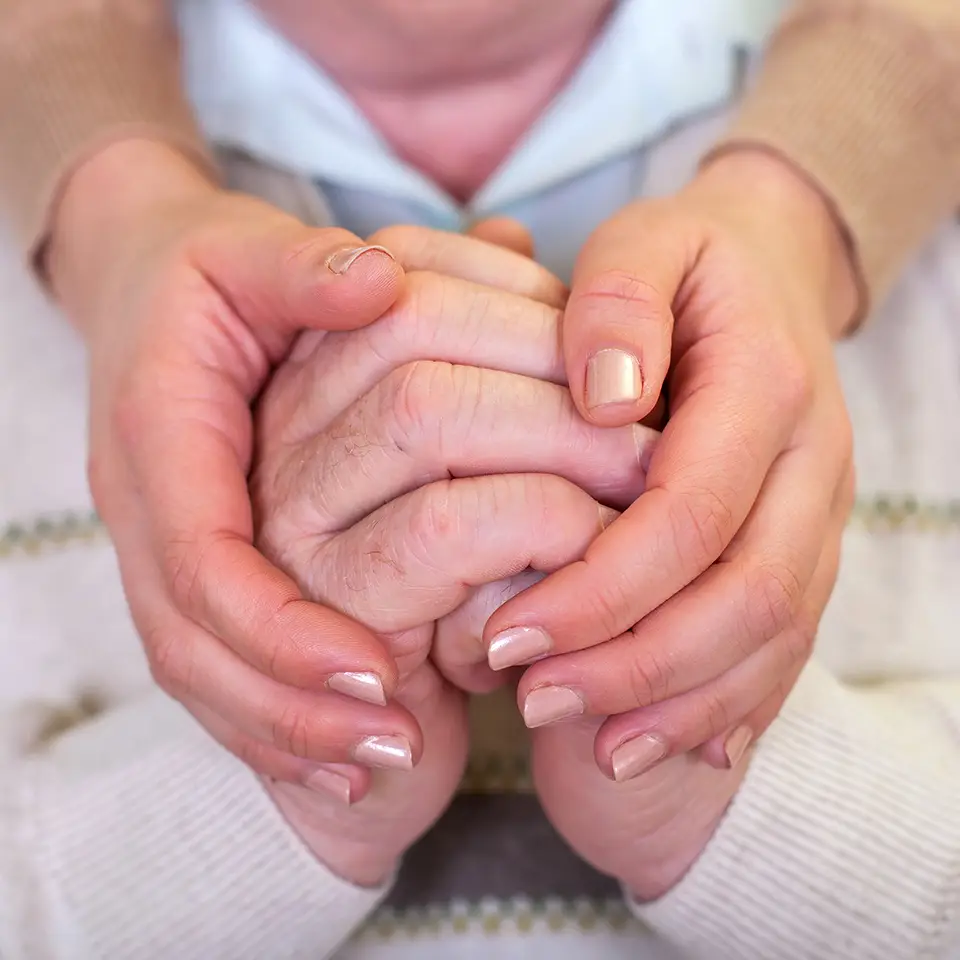 Close up of elderly hands encompassed by a young caretaker's hands