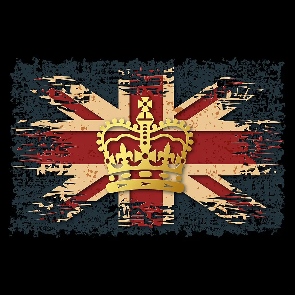 Illustration of the golden imperial state crown on grunge background with UK flag