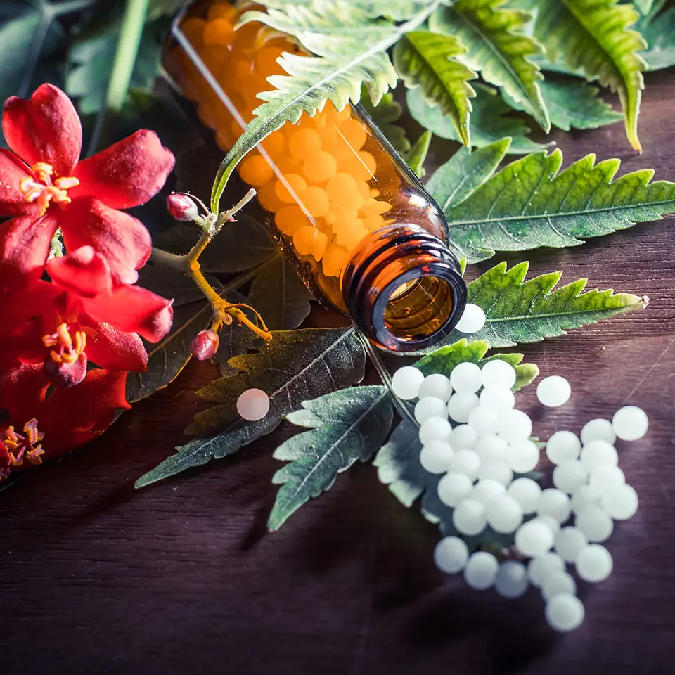 Homeopathy concept image of homeopathic globules and tincture alongside flowers and a book