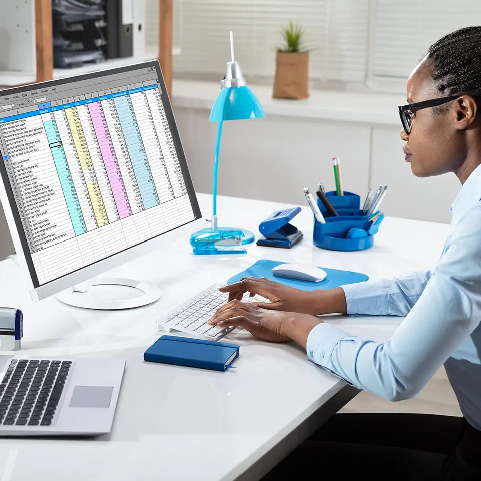 Side view of a businesswoman working on a spreadsheet at her desk