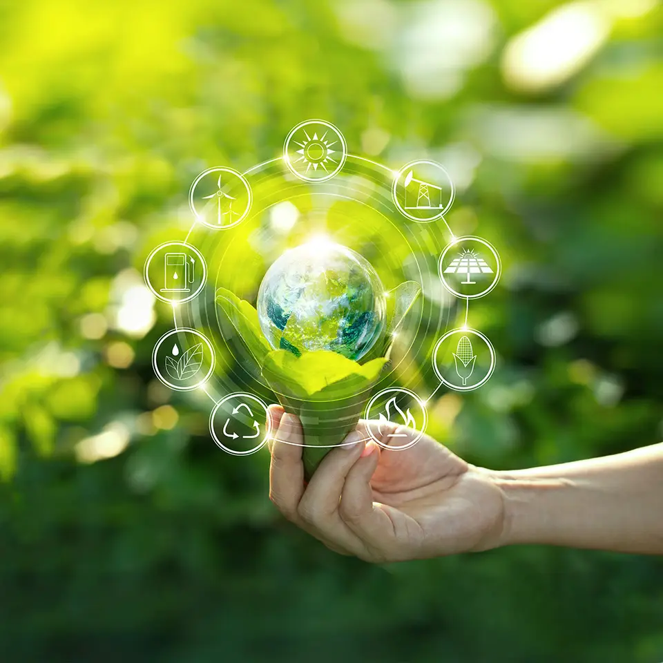 Hand holding a light bulb, surrounded by icons of energy sources, in front of a green, nature background