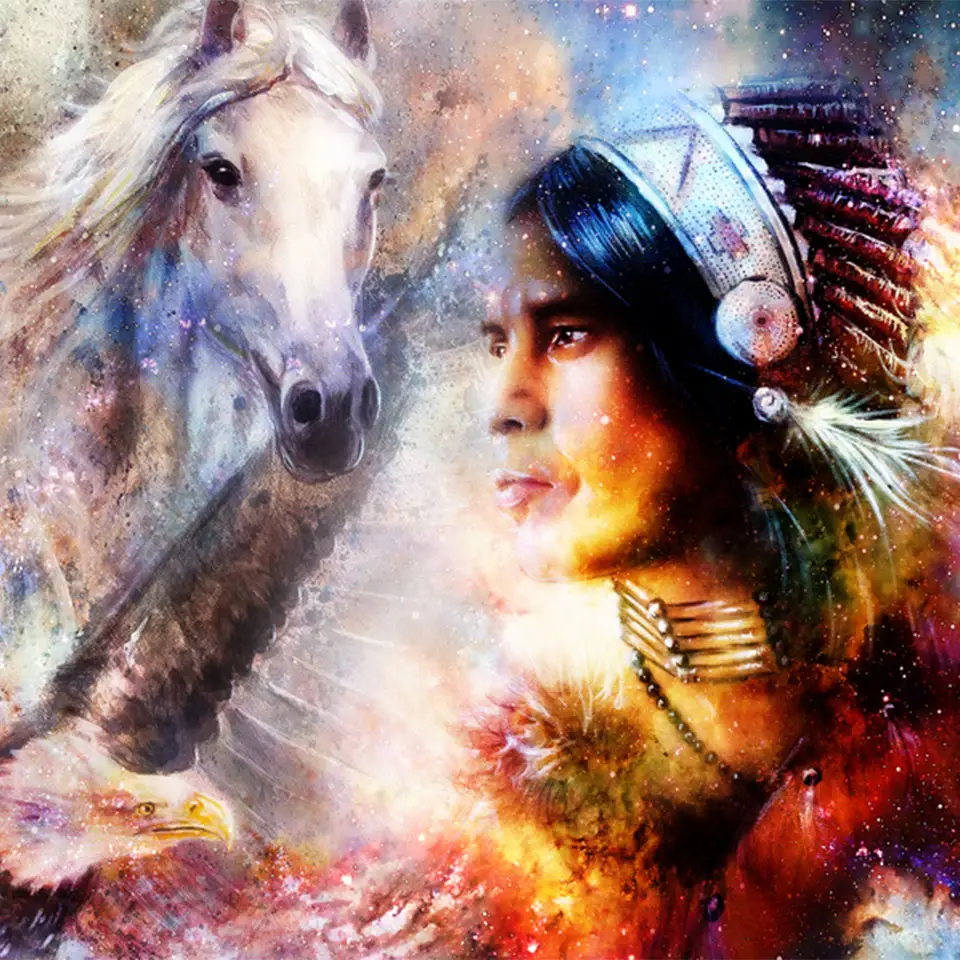 Painting of a young Native American warrior wearing a feather headdress and facing and eagle and a horse.