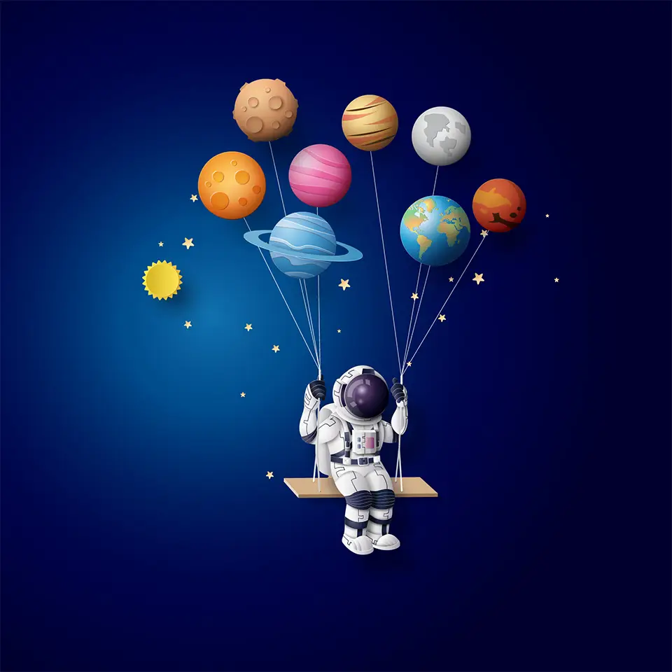 Astronaut sitting on a swing being held up by planet balloons