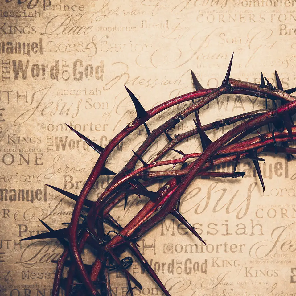 Crown of Thorns with Jesus' names and attributes in the background