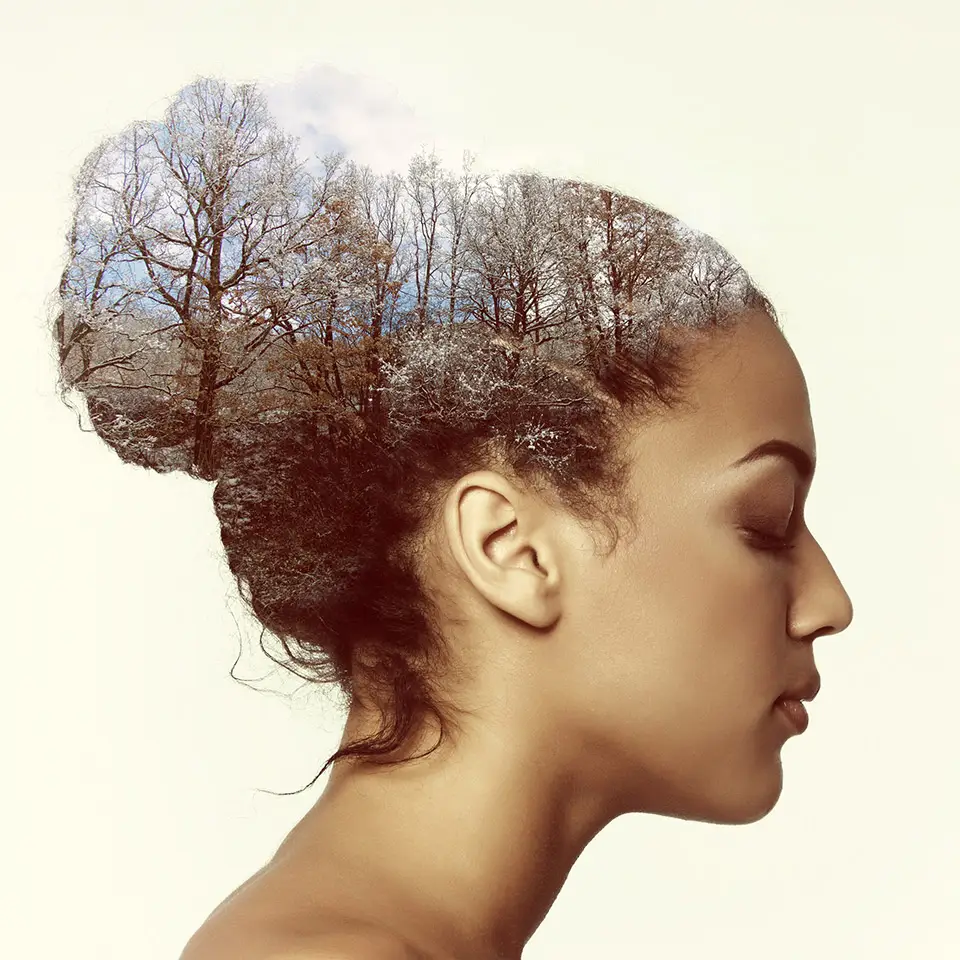 Double exposure of a woman in profile and a mountain forest