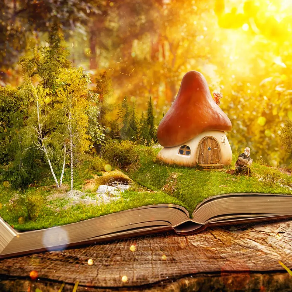 Magical cartoon mushroom house on pages of opened book in a fantastic forest