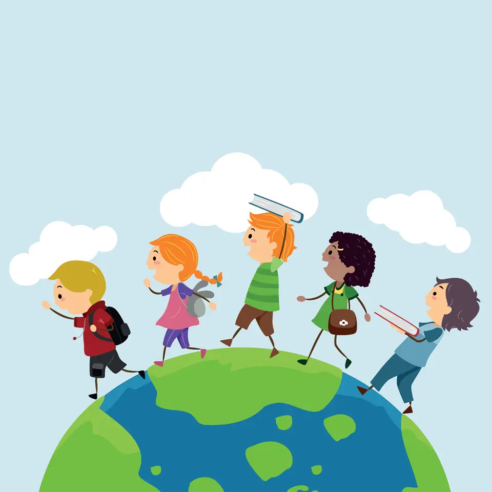 Cartoon illustration of a group of children walking on top of a globe