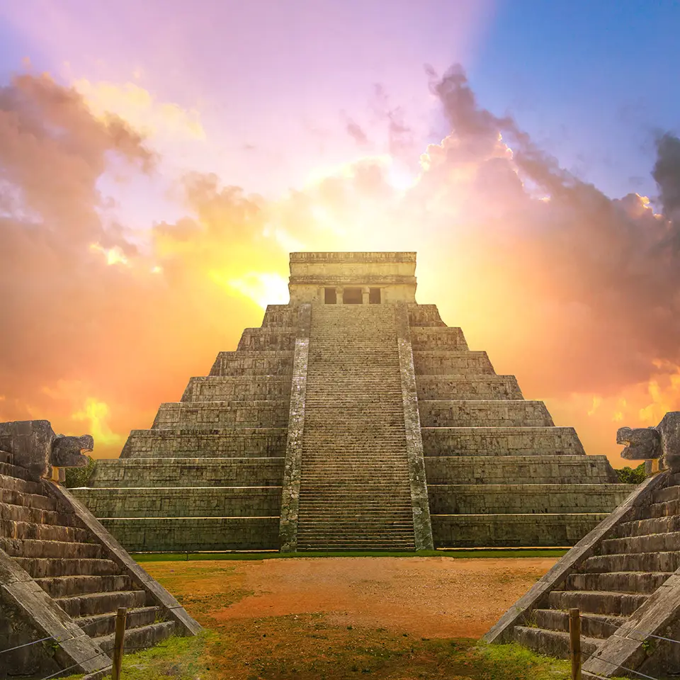 Mayan pyramid of Kukulcan El Castillo at sunset