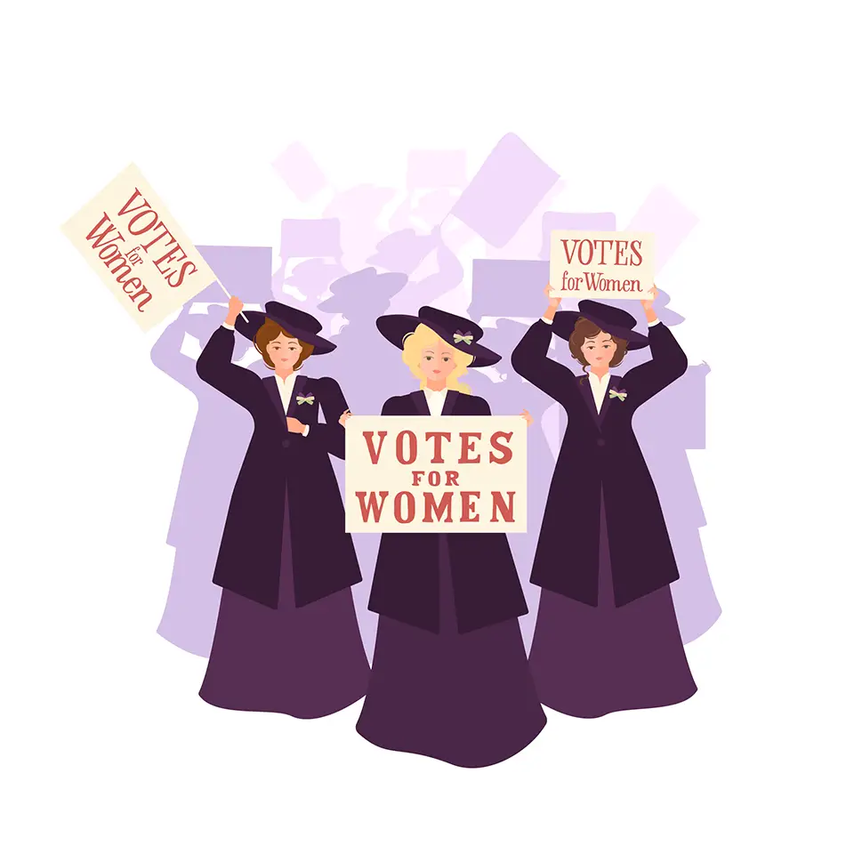 Three suffragettes leading a crowd with a "Votes for Women" poster
