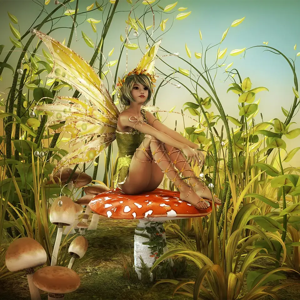 A fairy sitting on top of a toadstool