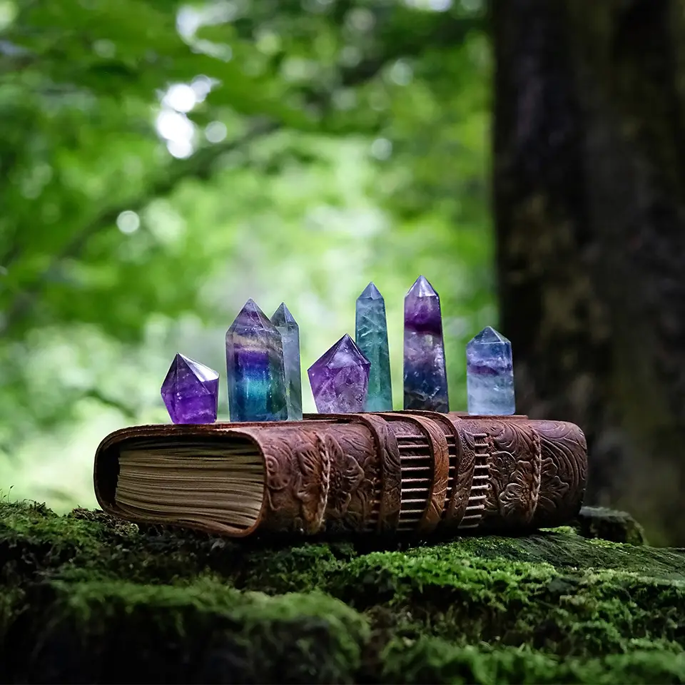Crystals on top of a spellbook in a forest