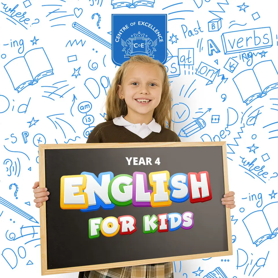 Child in school uniform holding a blackboard that has the words Year 4 English for Kids written on it