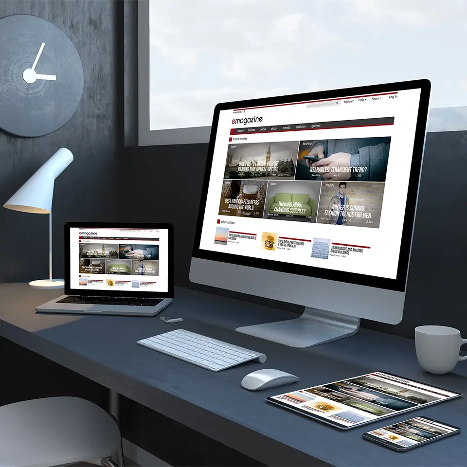 Website designs on multiple devices set upon a desk