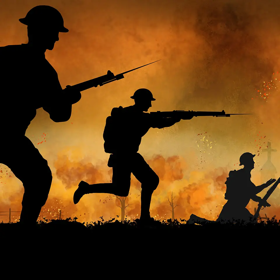 Silhouette illustration of British soldiers fighting in WW1