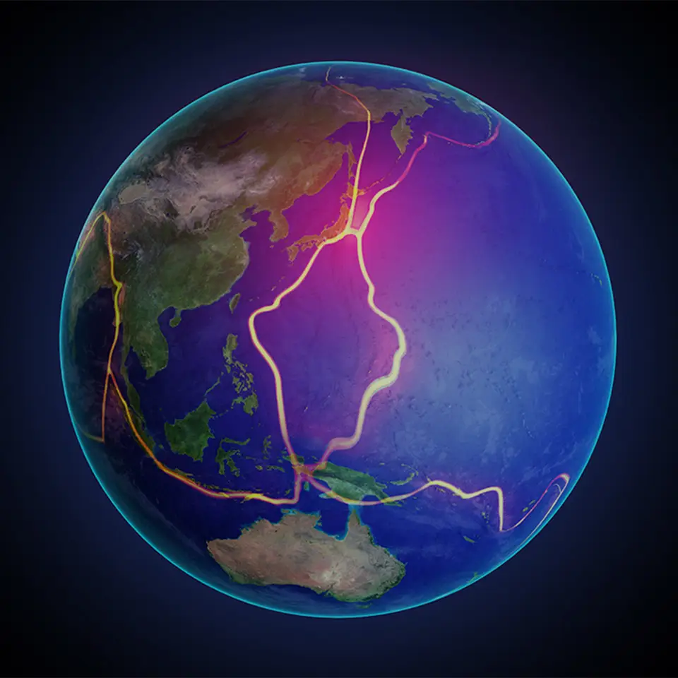 Earth's fault lines between tectonic plates in the East Asia region