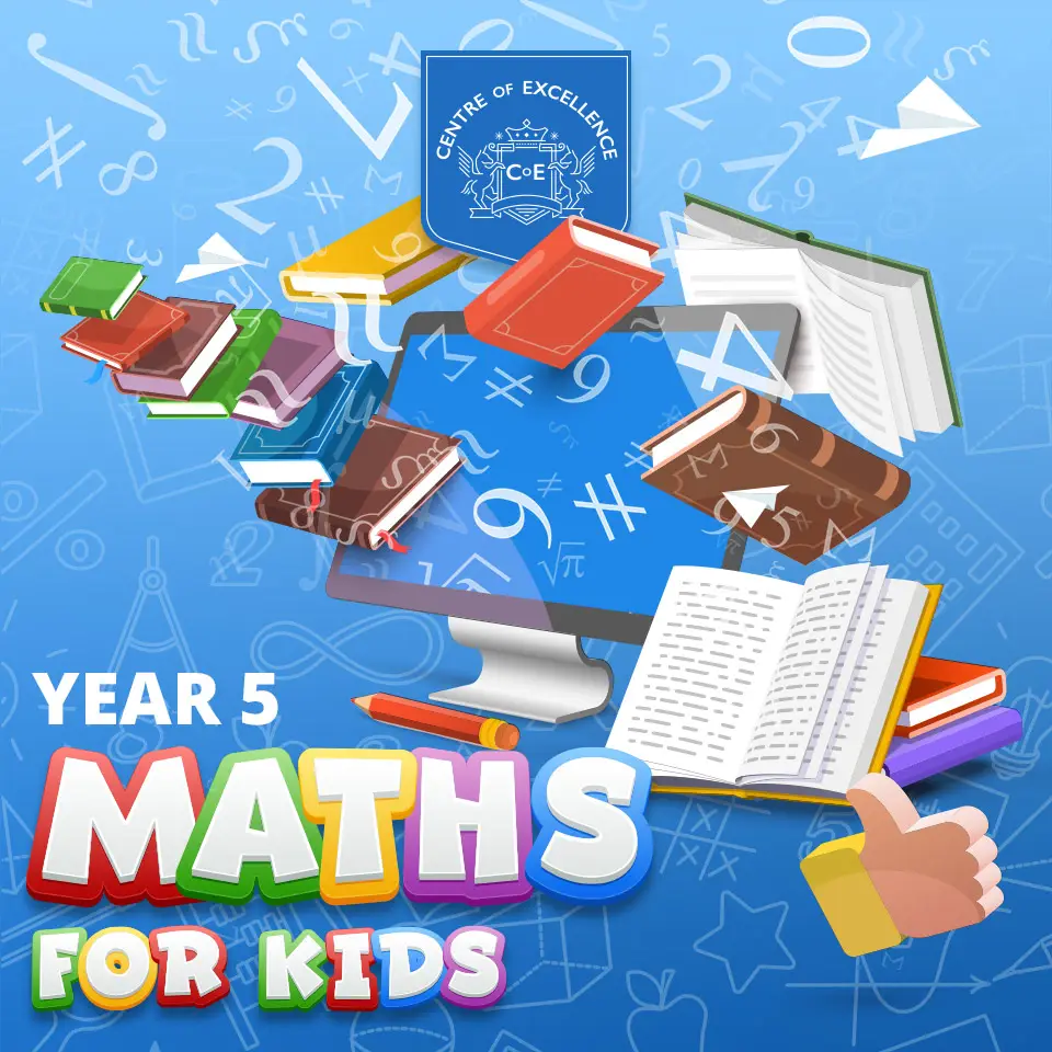 Illustration of books and a computer with numbers and maths symbols in the background. The caption reads Year 5 Maths for Kids.