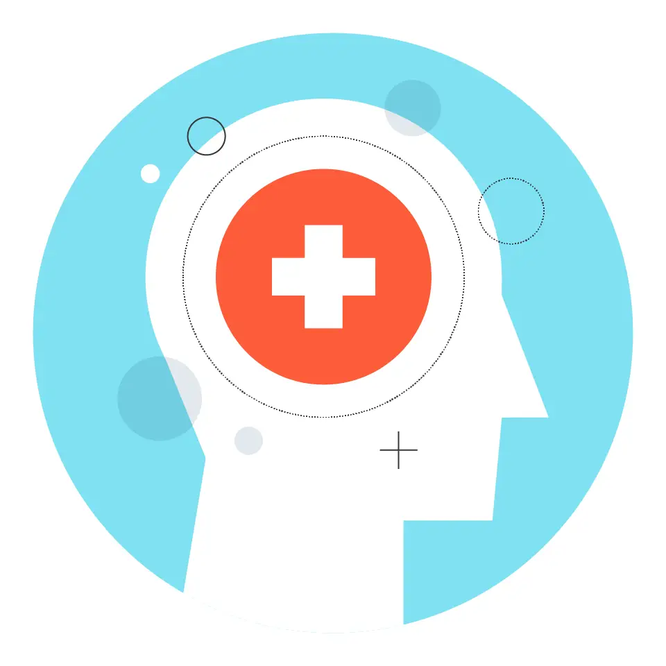 Illustration of a human head with a hospital icon over the brain