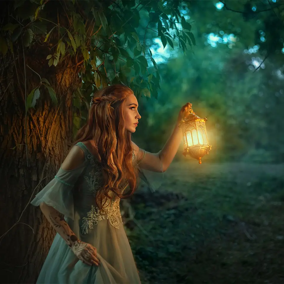 Elf princess walking in a dark forest at night, holding a glowing lantern ahead of her