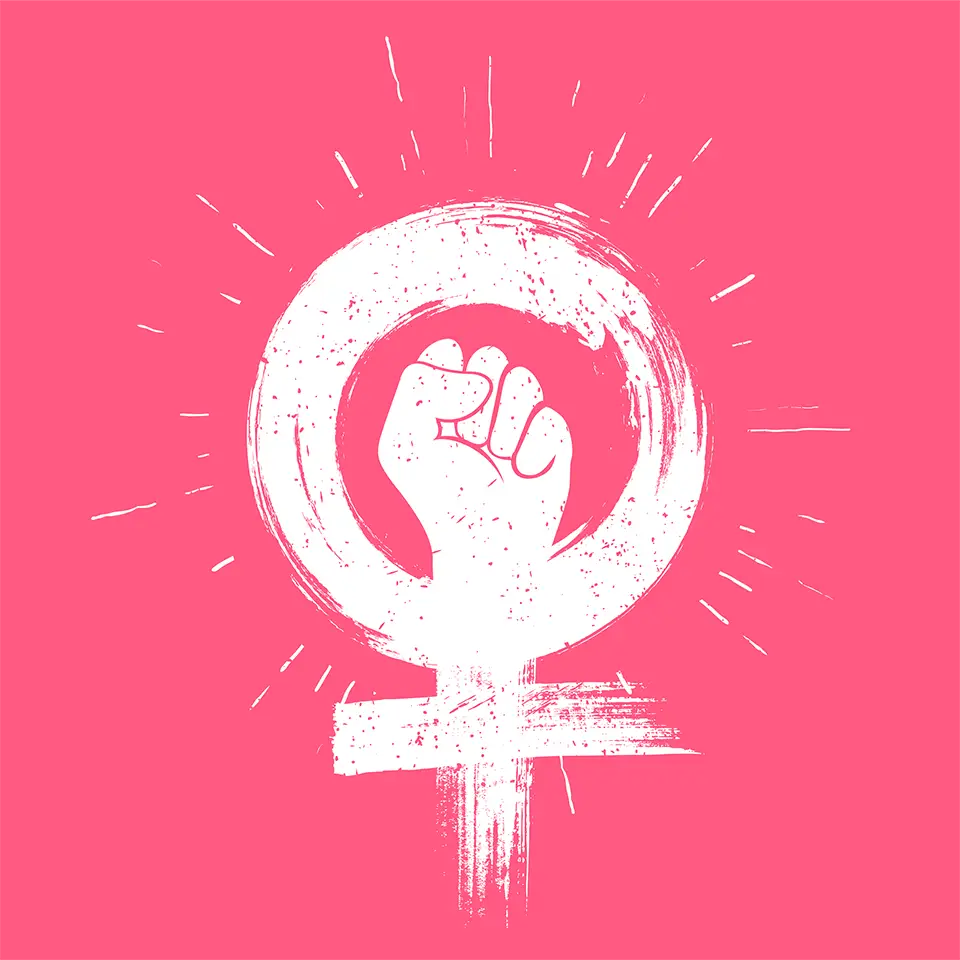 Illustration of the symbol for female with a raised fist within it
