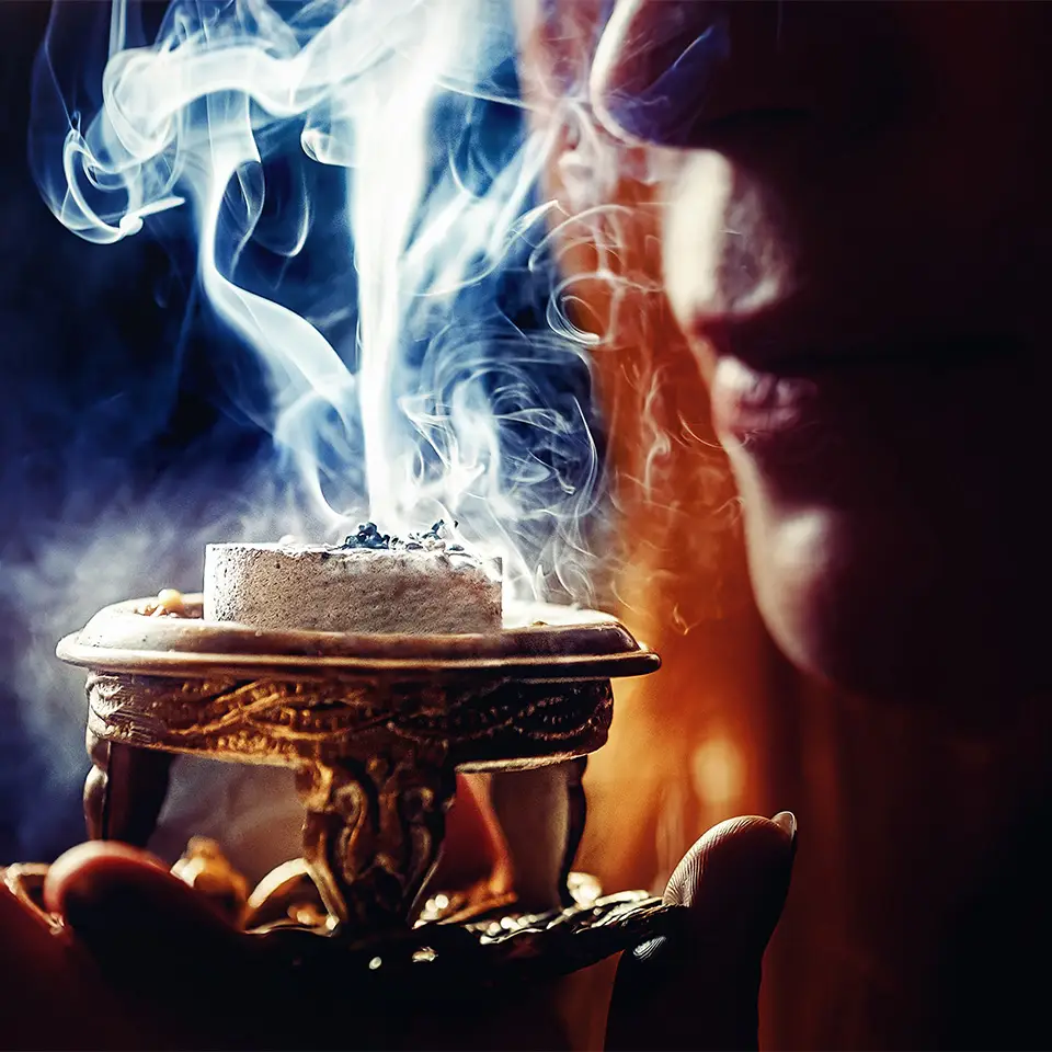 A person holding burning incense