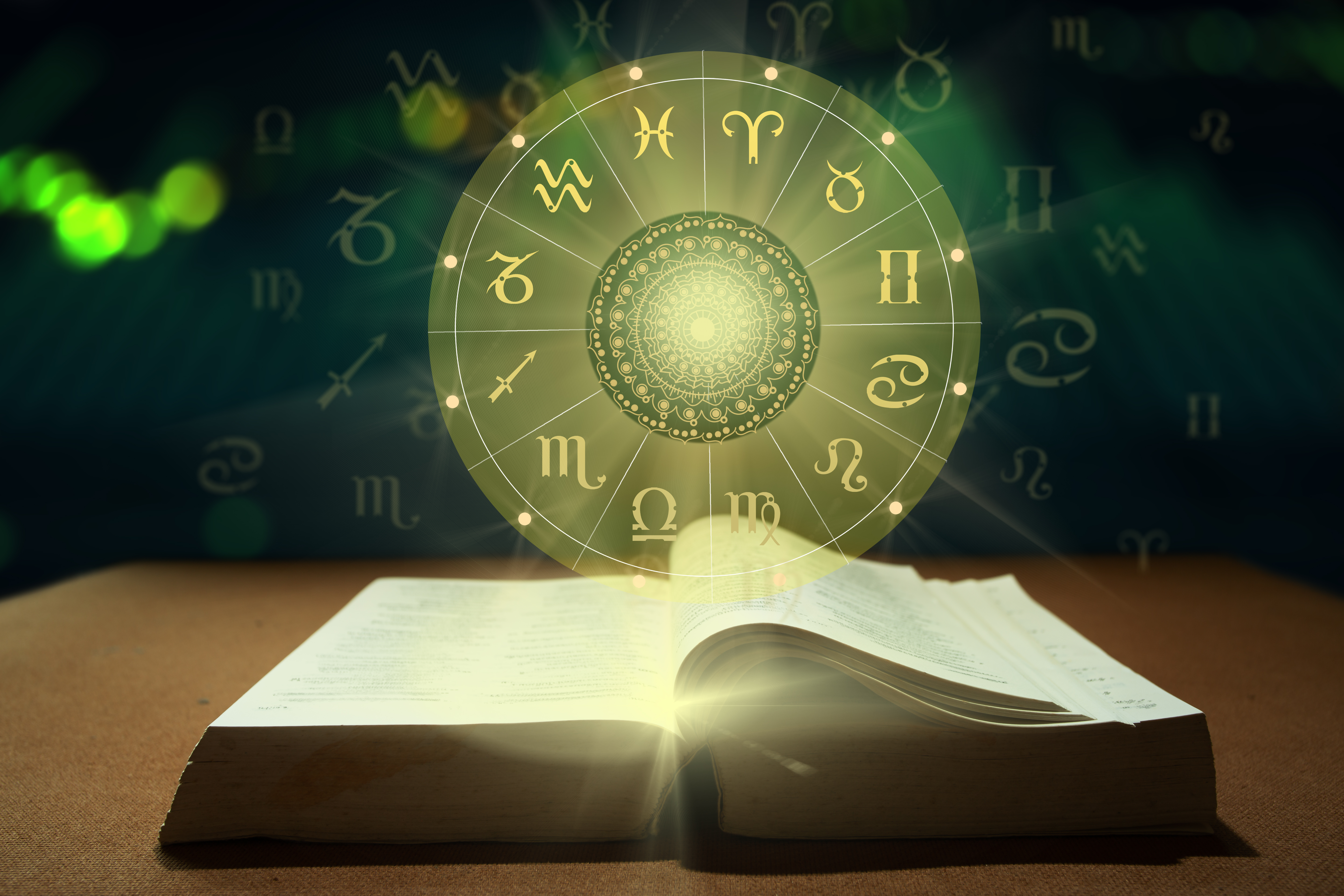 A zodiac wheel next to an open book