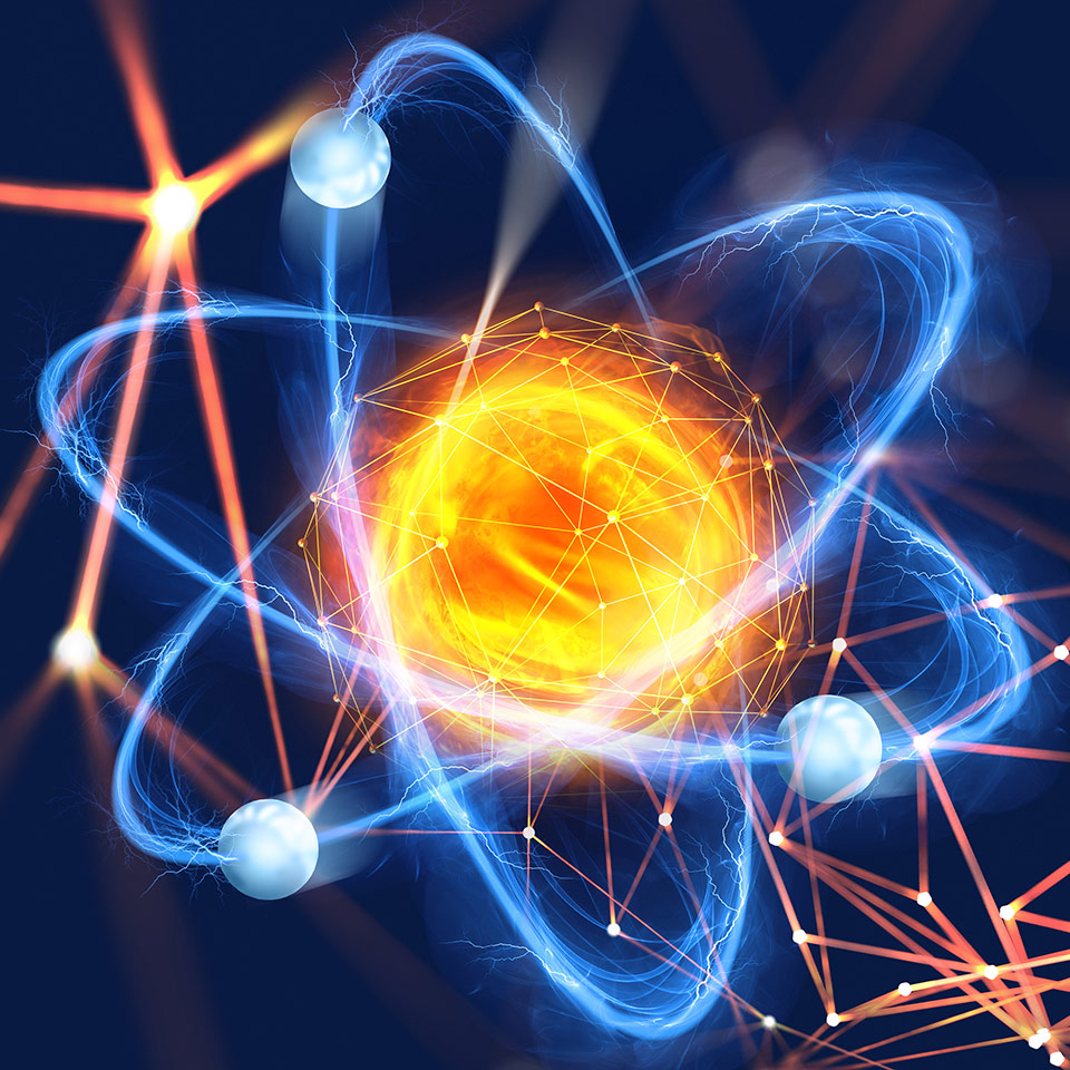 A nucleus of an atom surrounded by electrons on a technological background