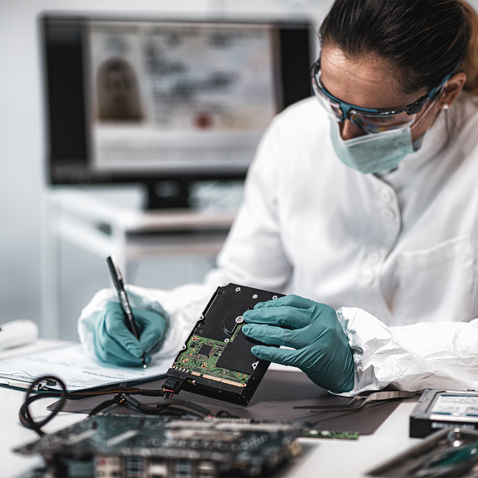 Forensic science investigator examining a computer harddrive