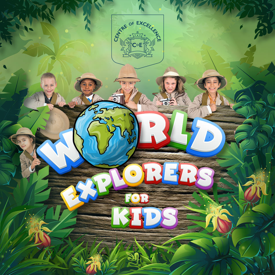 Children dressed as explorers in a cartoon jungle environment