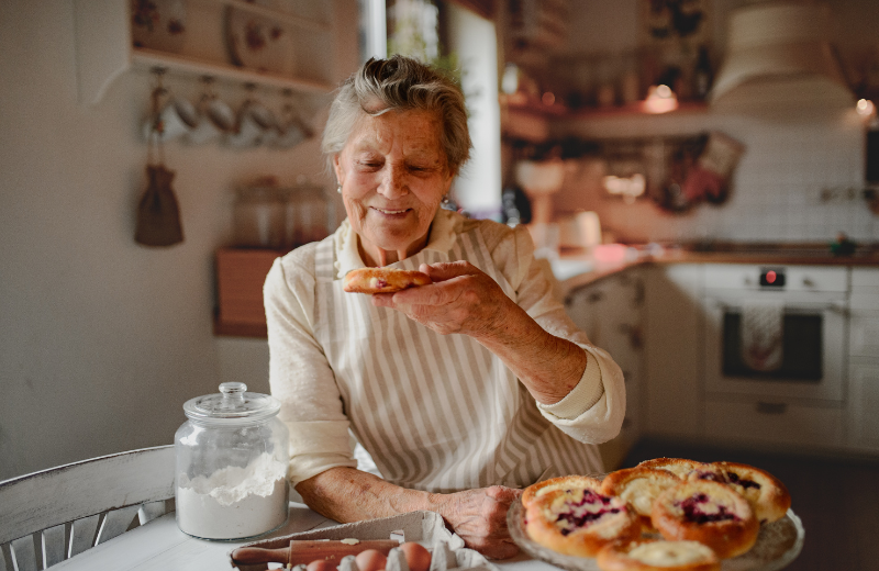 woman eating homemade cake