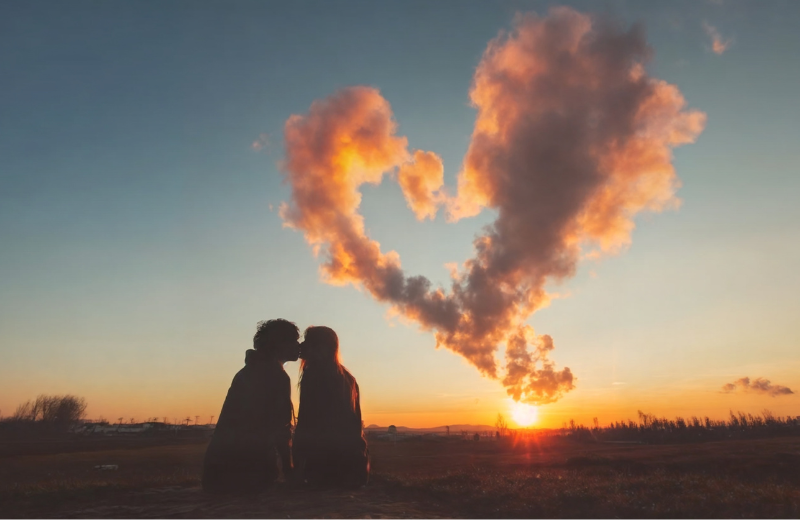couple and love heart clouds in sky