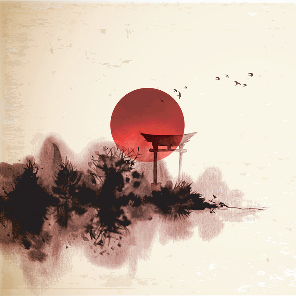 Red sun above a forested island and torii gate on a vintage background.