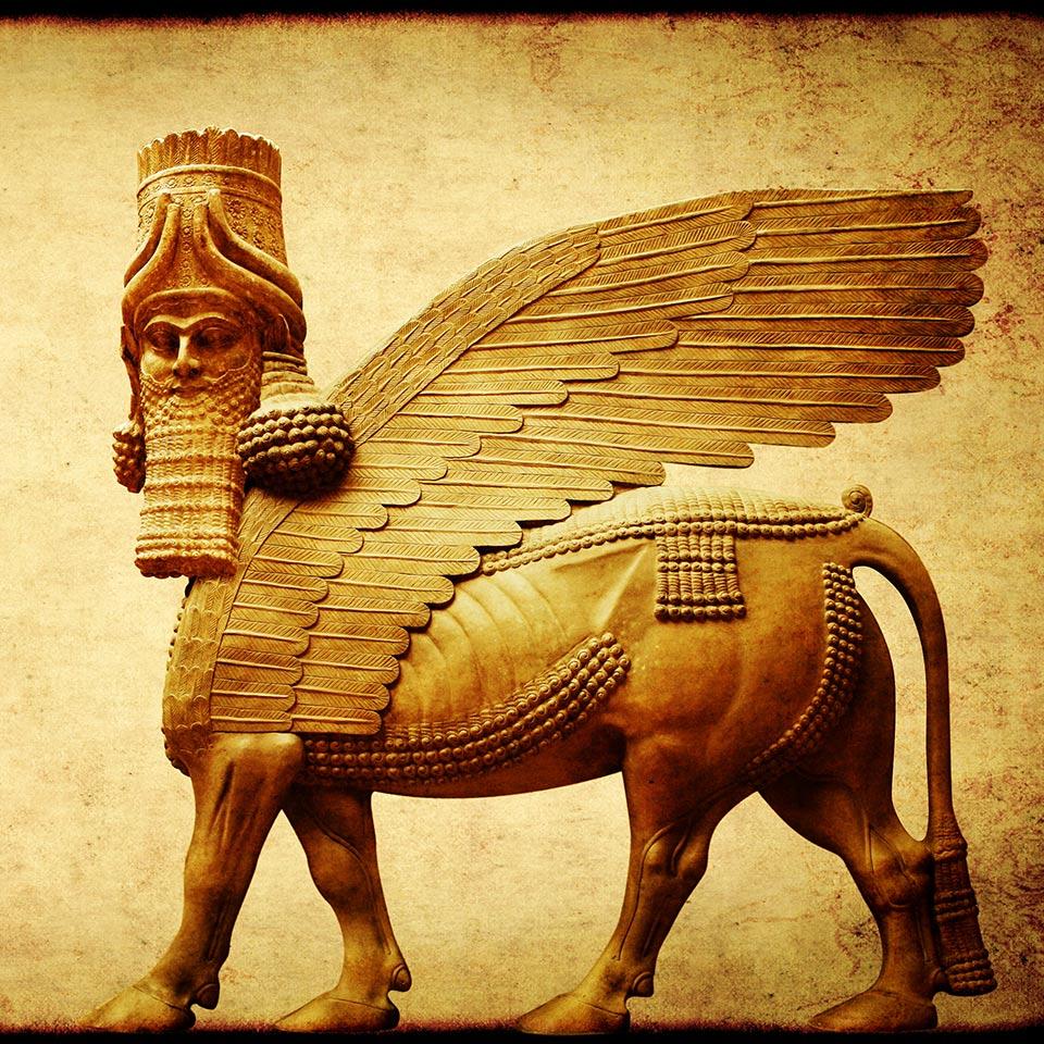 A statue of the Assyrian protective deity, Lamassu - a human-headed winged bull