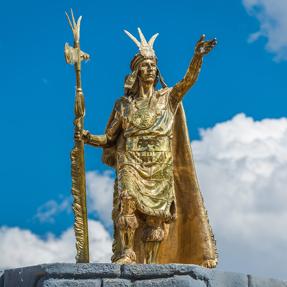 Pachacutec Inca statue in Plaza de Armas of Cuzco Peru