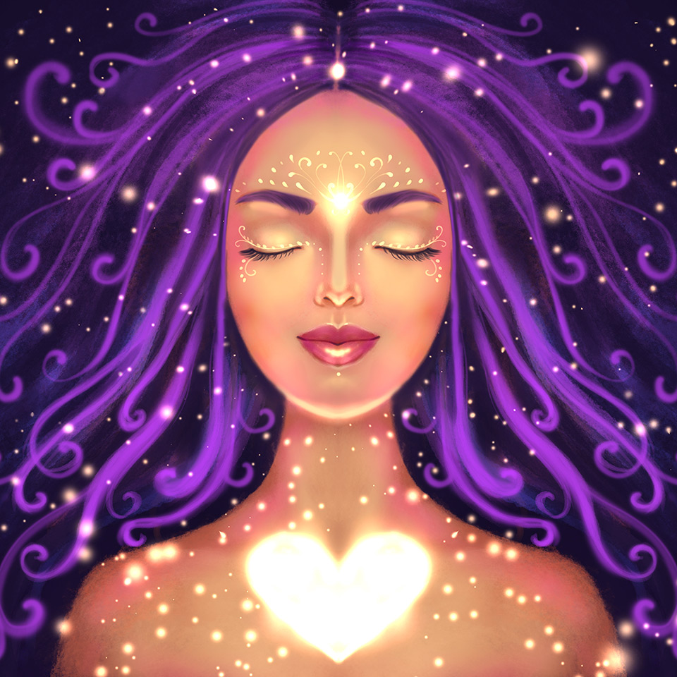Illustration of a woman on a dark background with a shining heart