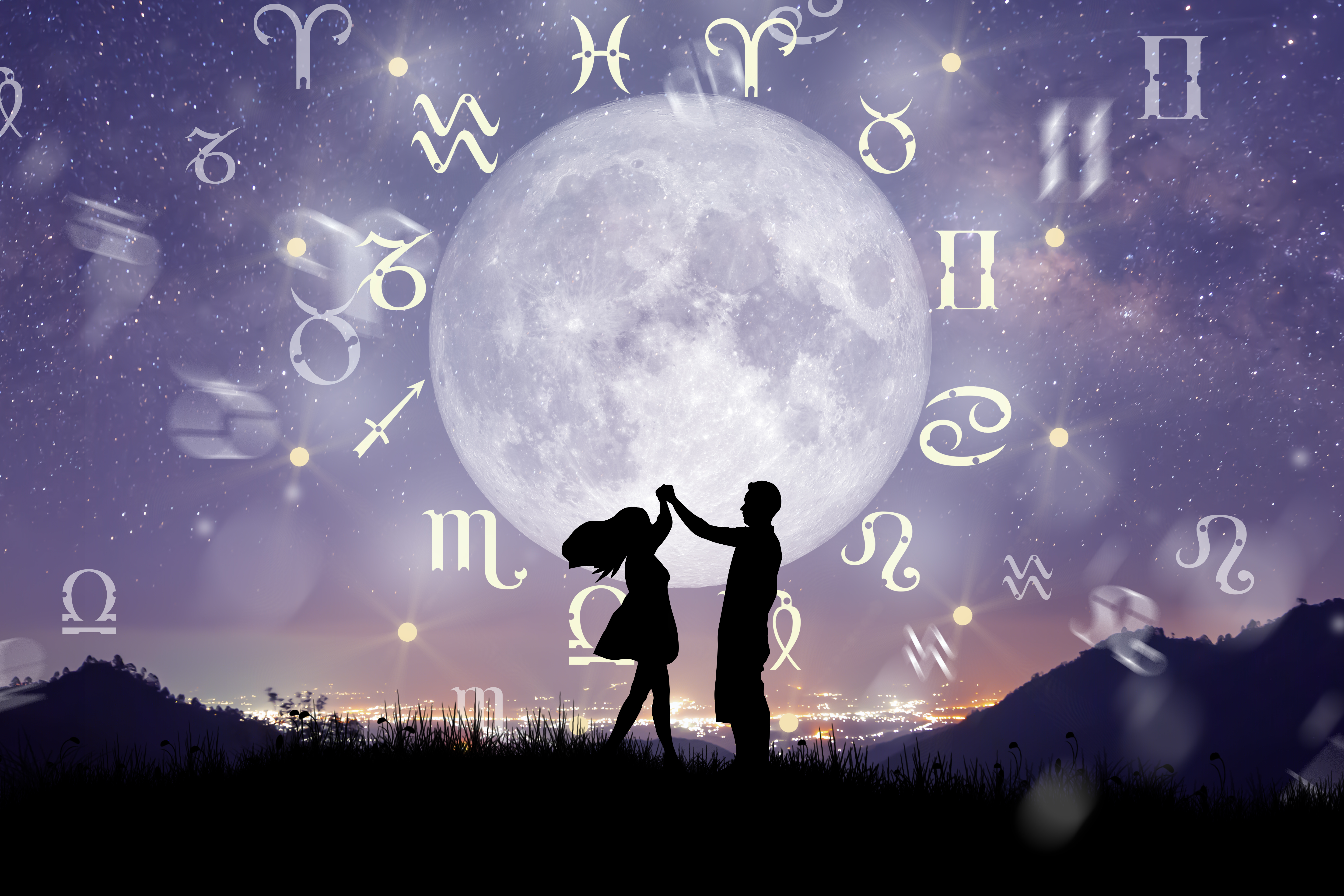Astrological zodiac signs inside of horoscope circle with a couple dancing over the zodiac wheel, moon and milky way background