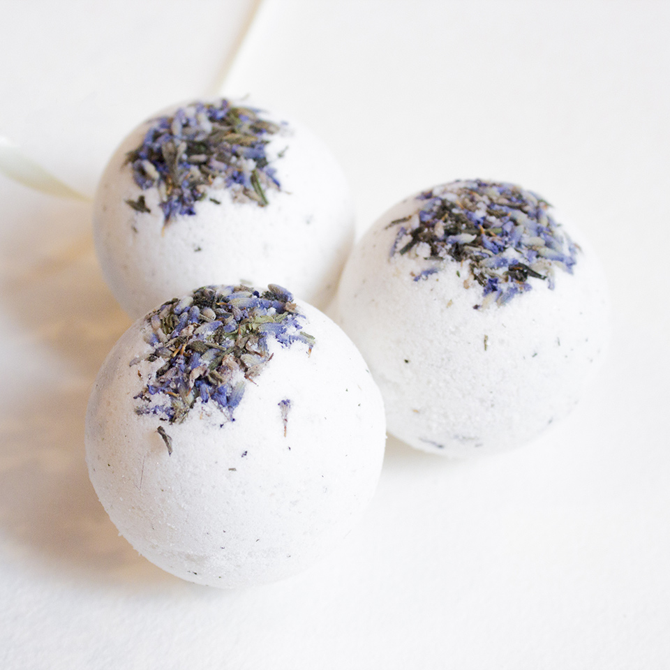 Holistic herbal bath bombs made with lavender flowers