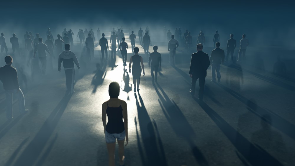 Many people walking in the shadowing landscape of a lucid dream.