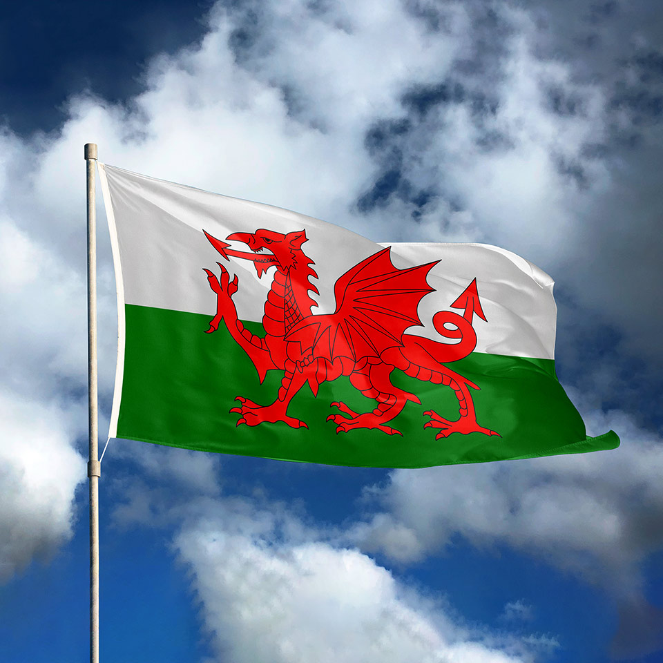 Welsh flag in front of a blue sky