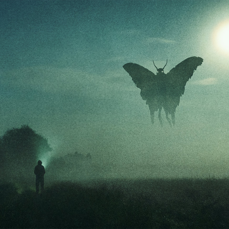 Silhouetted Mothman figure flying in the sky in front of a person holding a flashlight