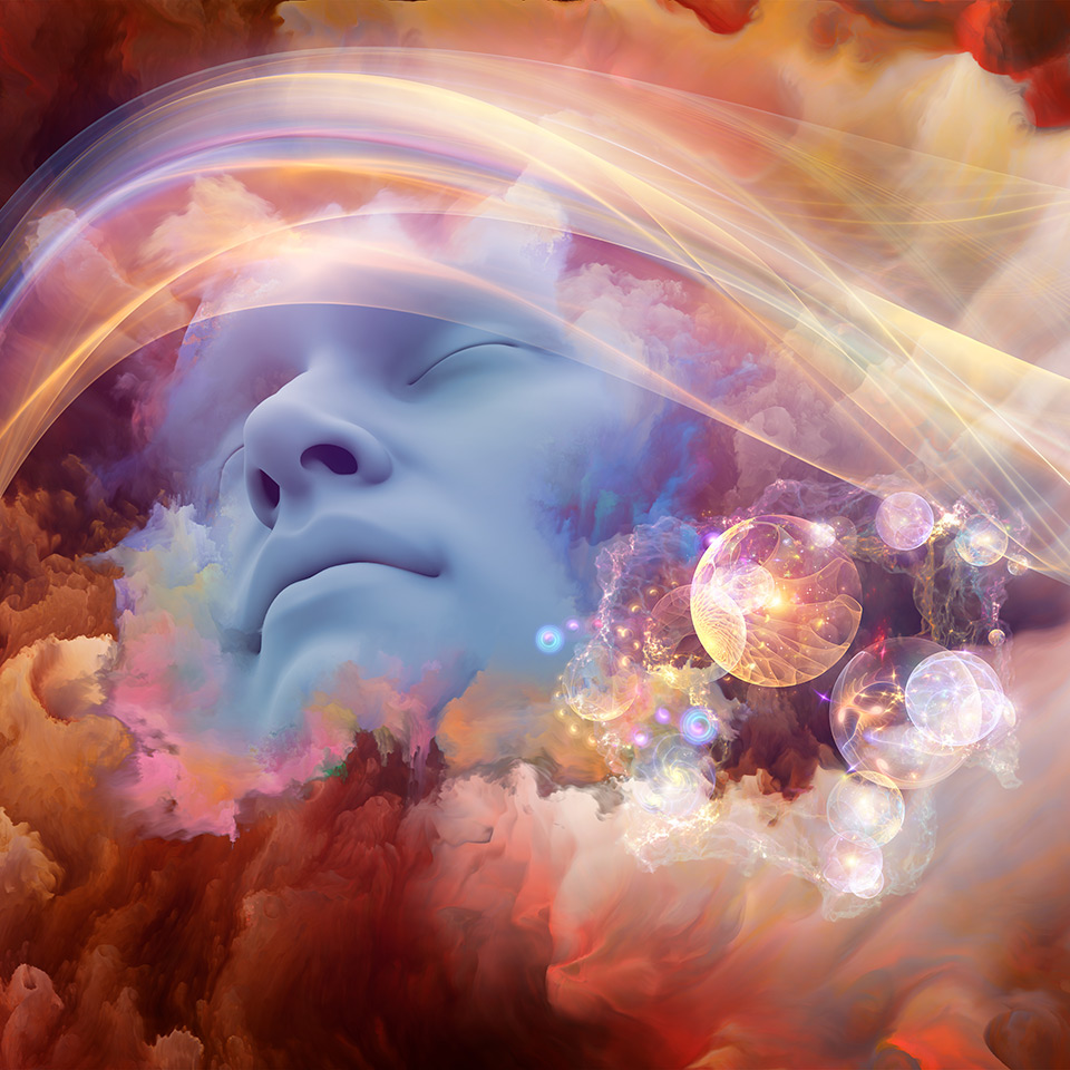 A human face surrounded by colourful clouds