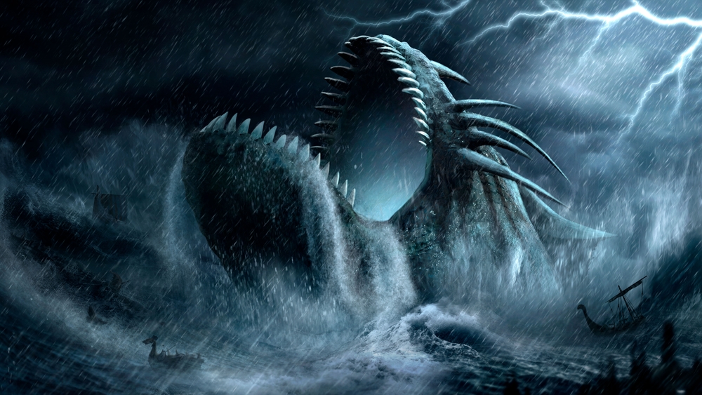 A fantasy sea creature coming out of the sea with lightning behind