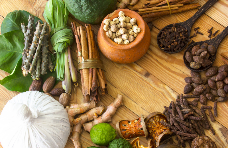 collection of herbs on table