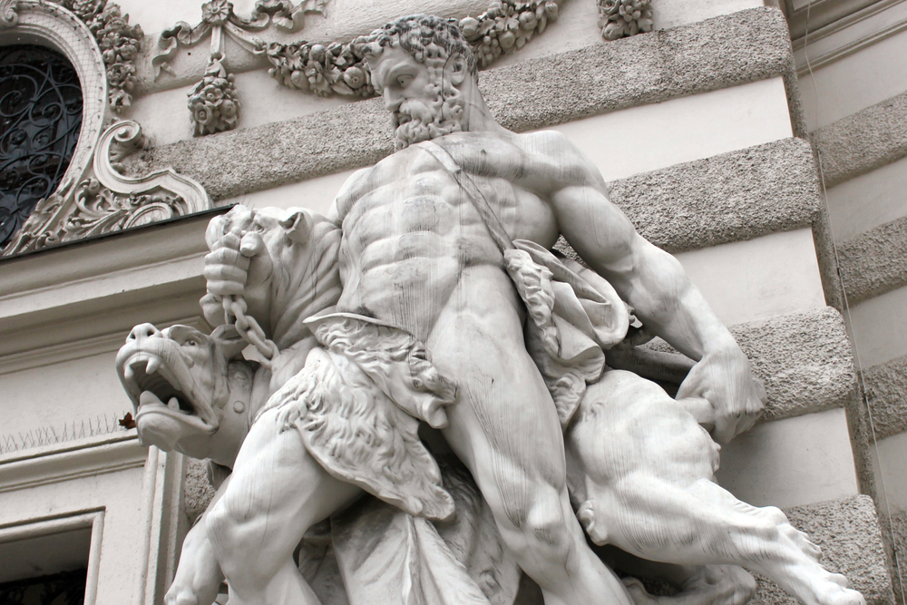A statue of Hercules fighting Cerberus