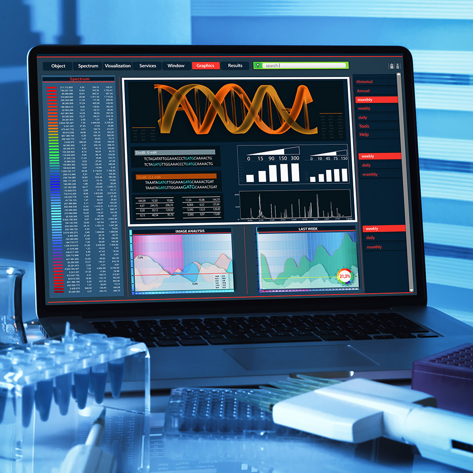 DNA sequencing analysis software on a laptop in a genetic engineering lab