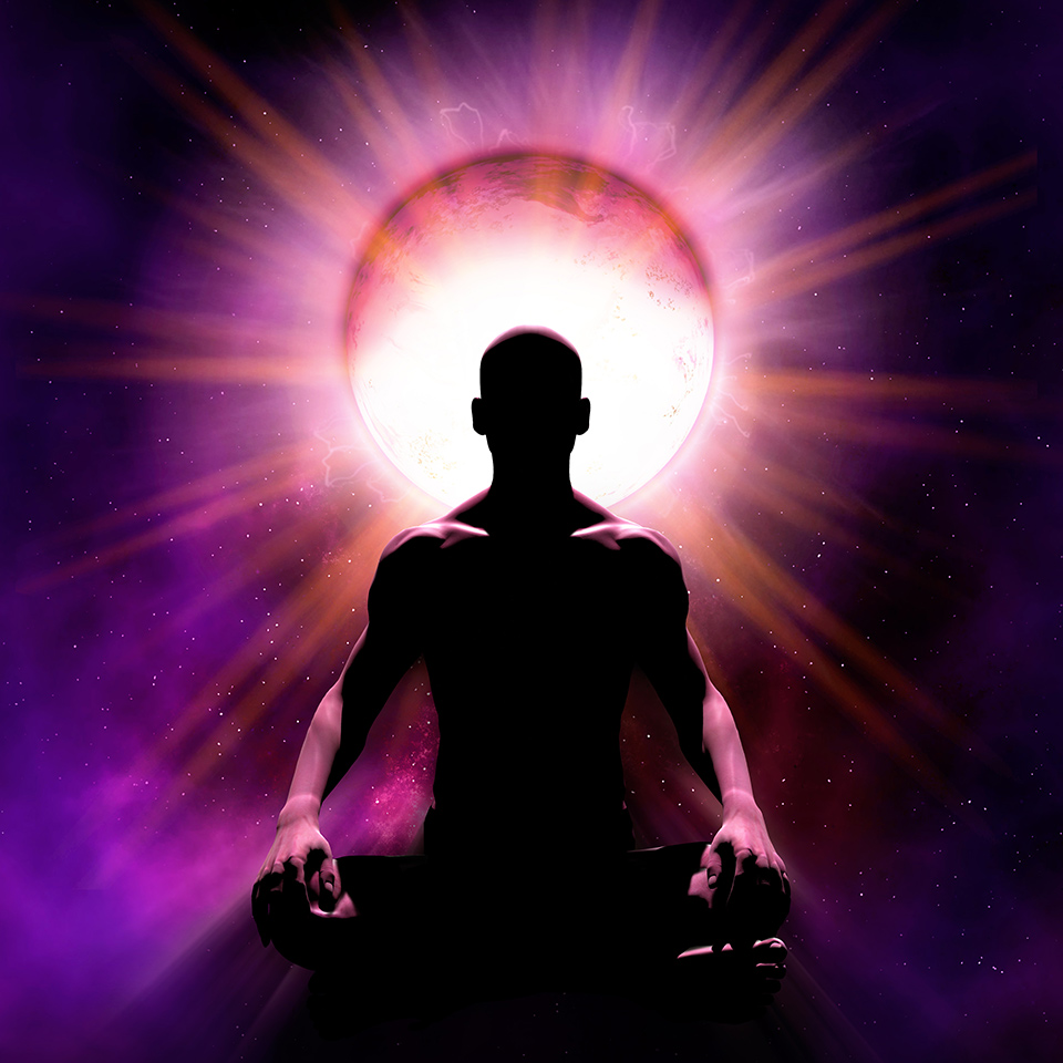 Silhouette of a person sitting cross-legged in front of a cosmic background and a bright source of energy