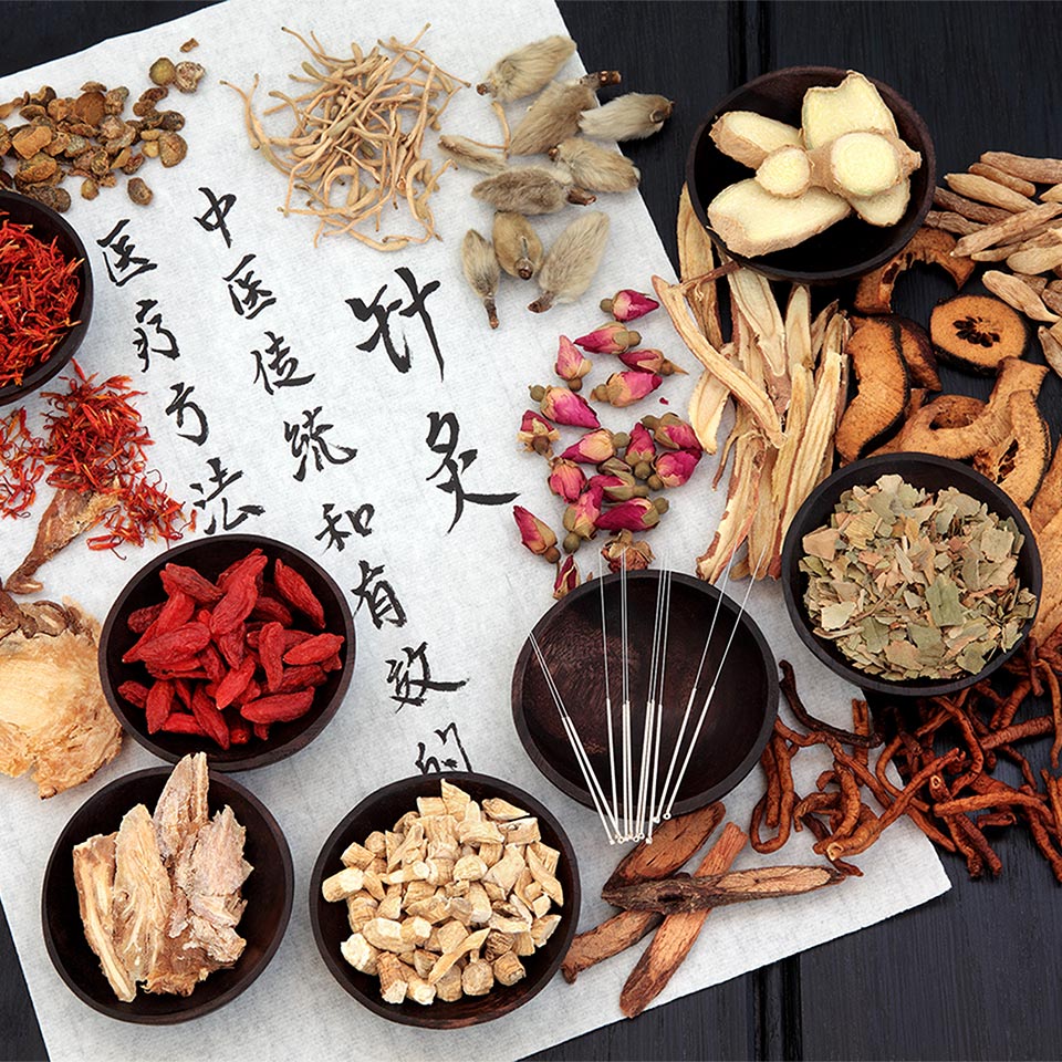 Traditional Chinese Medicine selection with acupuncture needles and calligraphy script on rice paper