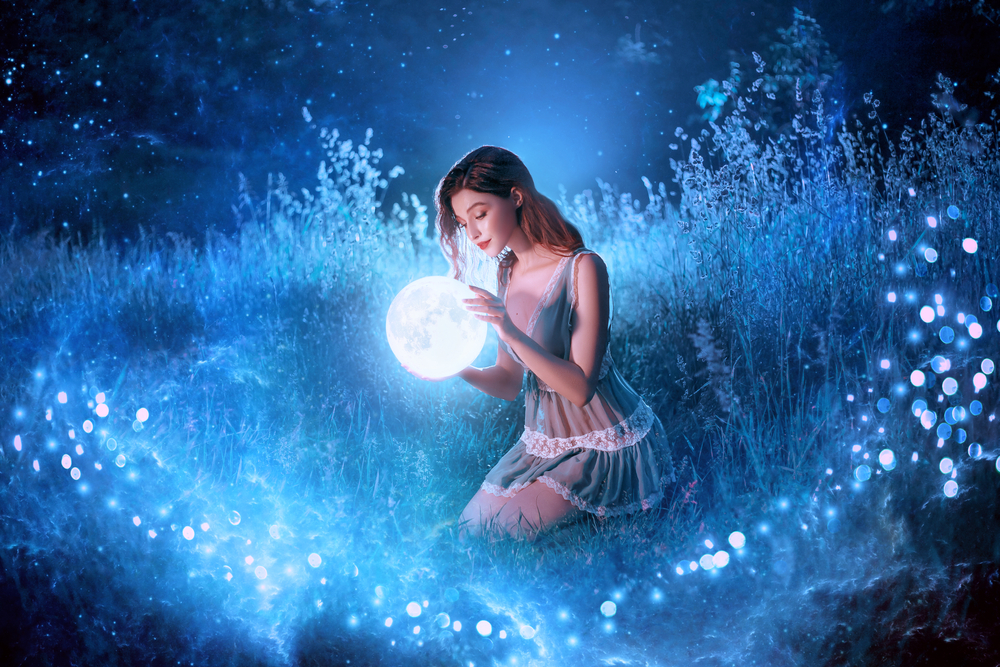 A mystic woman holding a crystal ball